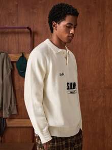 SWAVVY Men's Fashion Letter Pattern Polo Collar Raglan Sleeve Casual Sweater, Autumn/Winter - Apricot - View 7