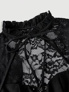 SHEIN MOD 女式优雅纯色蕾丝拼布中长连衣裙，夏季 - 黑色 - 查看 4