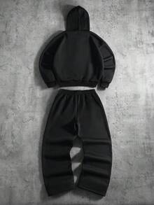 PAVTROS Ensemble deux pièces pour hommes composé d'une veste de mode confortable avec broderie et d'un pantalon long à taille élastique. Ensemble jogging noir, tenue de ville Y2K avec sweat-shirt à capuche et pantalon pour hommes - Noir - Voir 3