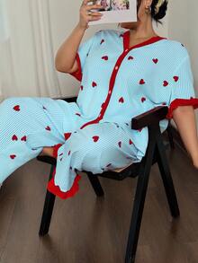 Eraneu Striped Heart Print Contrast Color Open Front Plus Size Short Sleeve Pajama Set - Multicolor - View 6
