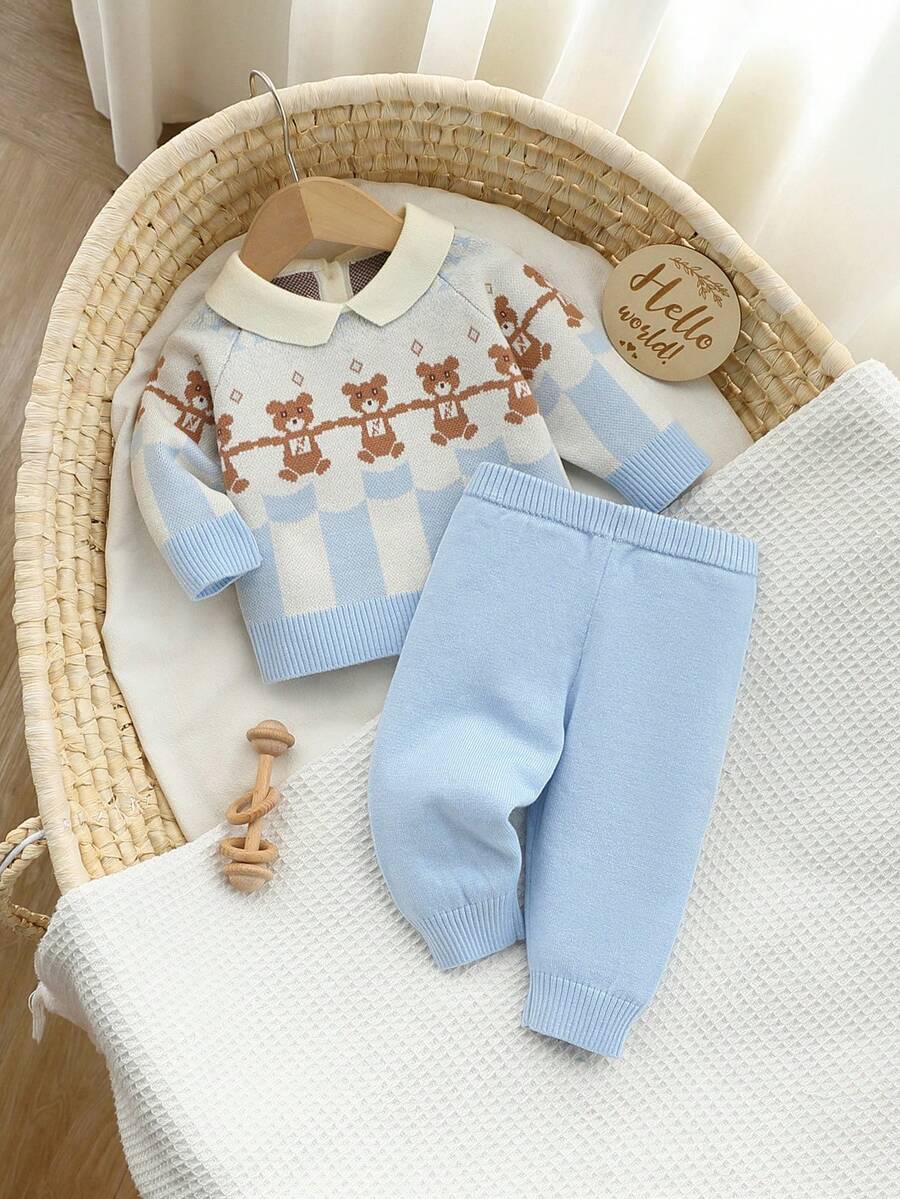 SHEIN 男婴针织毛衣套装,时尚可爱的彼得潘领卡通熊提花开衫,针织上衣+针织裤,春秋冬百搭,柔软舒适,适合日常穿着、外出、旅行、度假、居家、日托和儿童玩耍 - 杏色 - 查看 1