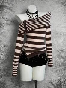 SHEIN Unity Streetwear Women's Colorblock Asymmetrical Shoulder Collar Zip-Up Fitted Long Sleeve Sweater Top - Multicolor - View 3