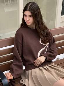 Dazy Kids 少女圆领落肩长袖休闲蝴蝶结提花宽松套头毛衣 - 棕色 - 查看 5