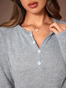Lazeform Soft Light Gray Fabric Decorated Button Top & Pants Casual Slim Fit Pajama Set, Winter Clothes - Light Grey - View 3