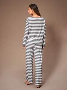 Lazeform 女士经典条纹休闲家居服套装，冬季服装 - 白色 - 查看 4