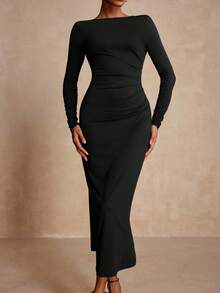 Vesra Vestido de punto ajustado con decoración metálica en la espalda para mujeres, para fiestas y reuniones - Negro - Ver 6