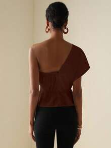 Vesra Women's Solid Color Minimalist Twist + One Shoulder Blouse - Rust Brown - View 2