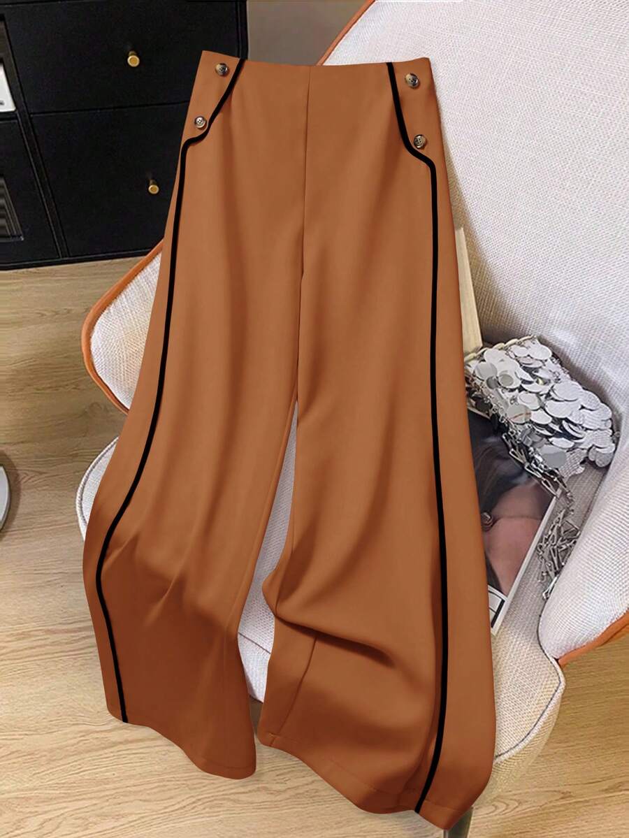 GlowEve CURVE Plus Size Women Casual Contrast Trim Straight Leg Pants - Brown - View 1