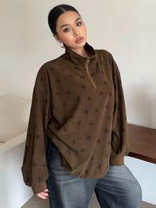 Dazy Plus 大码女式半拉链卫衣，饰有蝴蝶结印花，宽松版型，街头风 - 駝色 - 查看 3