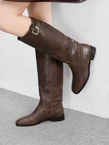 CUCCOO BIZCHIC 棕色方头粗跟通勤风格拉链中筒靴，时尚百搭女士秋冬款 - 棕色 - 查看 4