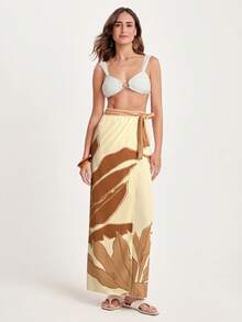 CAJUNI 女式波西米亚热带风棕色和米色印花休闲夏季沙滩泳衣罩衫纱笼裙 - 咖啡棕 - 查看 8