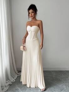 SHEIN Elenzya Elegant Ruched A-Line Waist Dress, Romantic & Refined, Suitable For Back To School, Autumn Outfit, Wedding Guest, Commute, Business Casual - Apricot - View 6