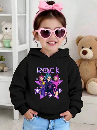 Tween Girl Cartoon K-POP Girl Print Hoodie With K-POP Character And Logo, Pink, Suitable For Autumn/Winter Outfits Cartoon K-POP Girl Pattern Black Long Sleeve Hoodie Sweatshirt, Fashionable And Cool Style For Autumn/Winter Outings And School Wear