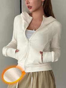 DAZY Women Solid Color Hoodie Jacket With Pockets, Long Sleeve,Long Sleeve Tops,Fall Clothes Sweatshirt Jacket Zip Up - White - View 1