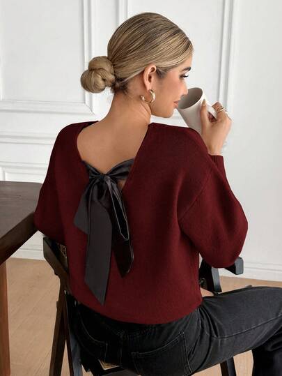 Serisse Women's Solid Color Minimalist Everyday Bowknot Back Long Sleeve Sweater Christmas,Christmas Sweater Women,Red Top,Christmas Sweater Winter Burgundy,Fall,Fall Clothes For Women,Winter Clothes For Women Casual