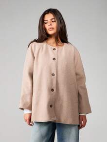 MISSGUIDED Button Front Scarf Collar Wool Blend Overcoat Winter Outerwear Jacket With Matching Scarf - Khaki - View 4