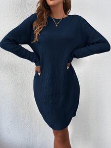 SHEIN LUNE Casual Crew Neck Long Sleeve Pullover Sweater Dress, Versatile - Navy Blue - View 4