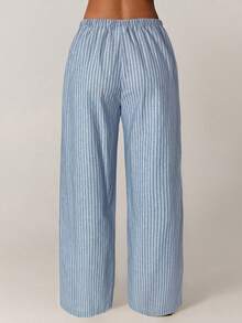 SHEIN Forever 21 女式松紧腰抽绳条纹休闲沙滩裤，夏季 - 藍色 - 查看 2