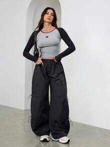 SHEIN EZwear 加大码男女夏季街头运动实用工装裤，抽绳松紧腰，宽松降落伞低腰哈伦裤 - 黑色 - 查看 8