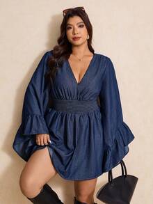 Elaquor French-Style Sexy Fitted Waist Ruffle Dress V-Neck Long Sleeve Dress Elegant Women's Clothing,Comfortable Lumbar Support Design - Dark Wash - View 5