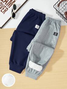 SHEIN 2pcs Tween Boy Casual Style Contrast Stitching Thermal Lined Sweatpants, Suitable For Autumn/Winter,Thanksgiving,Christmas,Winter,Winter Clothes,Cozy Fall & Winter Styles, - Navy Blue - View 6