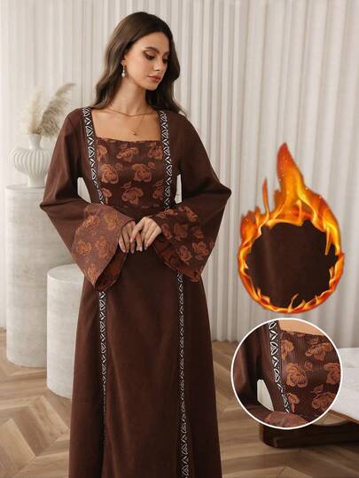 Al Najma Patchwork Textured Fabric Color Block Embroidered Applique Decor Elegant Waist Cinched Long Sleeve Dress, Coffee Brown, Autumn/Winter