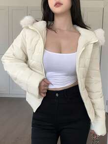 DAZY 女式休闲毛领拼布棉服外套，秋冬 - 米色 - 查看 8