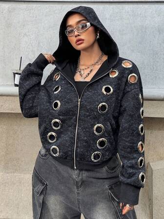 Muchica Plus Size Casual Metal Eyelet Zip-Up Hoodie Sweatshirt, Autumn/Winter