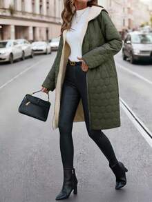 SHEIN Clasi 女式长款连帽夹棉大衣，百搭经典设计，冬季 - 軍綠色 - 查看 5