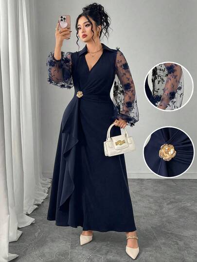 Modelyn Vestido de fiesta elegante de talla grande con parches florales 3D, decoración de metal color oro rosa y volantes en el bajo