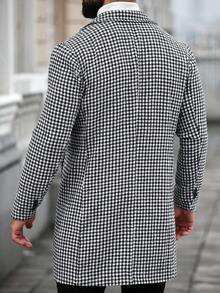 Manfinity Homme 男士纯色双排扣休闲长袖大衣，秋冬季，优雅千鸟格运动大衣 - 黑與白 - 查看 2