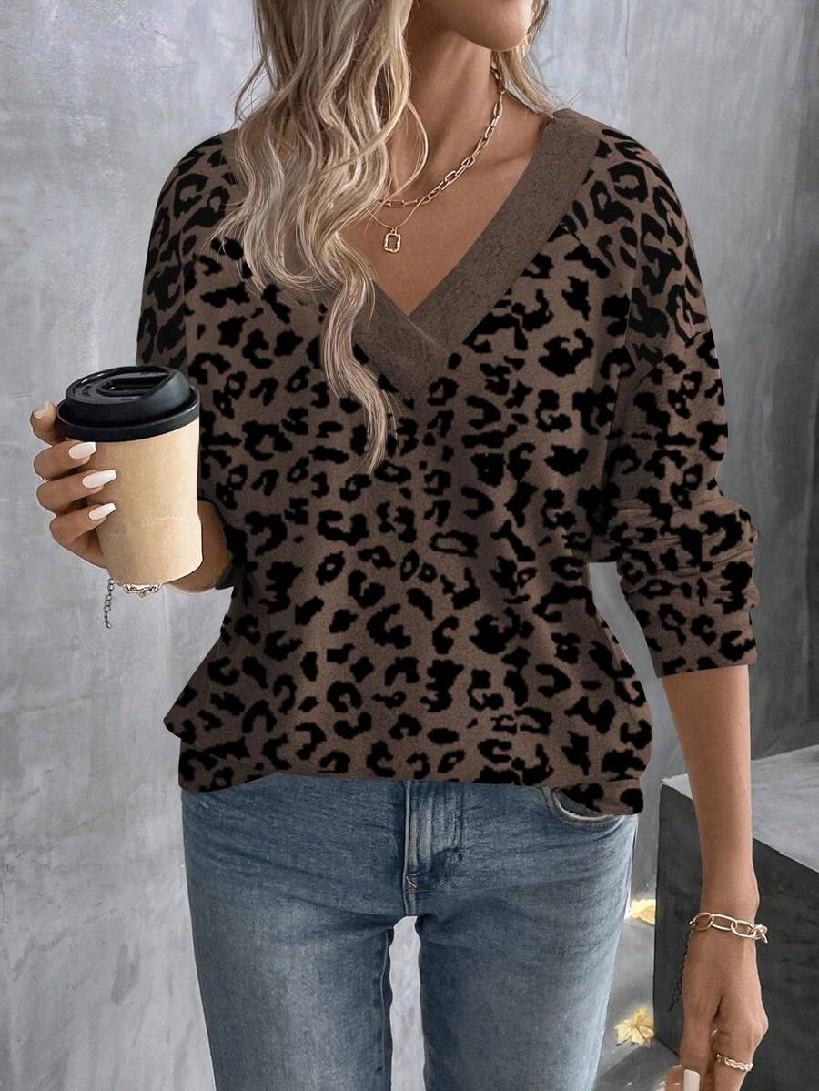 New Arrival Women's Fashion Leopard Print V-Neck Long Sleeve T-Shirt
