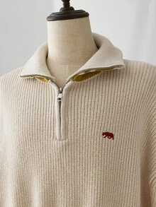 ESTAVOR Áo len cổ đứng khóa kéo nửa màu đơn giản cho nam, mùa đông - Màu be - Xem 7