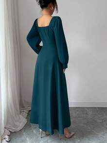 Elenzga 女士优雅方领泡泡袖束腰长裙，适合日常通勤 - 水鴨藍 - 查看 2