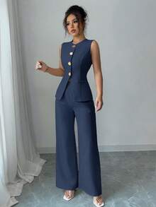 Selianne Bộ đồ thường ngày/đi làm trang trí cúc hoa thanh lịch dành cho nữ - Màu xanh lam - Xem 5