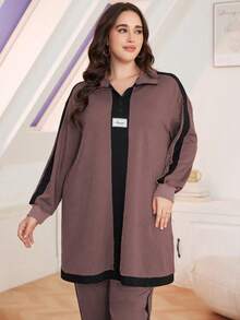 Lacomfia 2pcs Plus Size Casual Color Block Stand Collar Loose Top And Pants Set, Autumn 2 Pieces Set - Dusty Pink - View 5