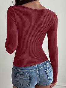 DAZY Women Crew Neck Button Decor Fitted Basic Long Sleeve T-Shirt,Fall Clothes - Burgundy - View 2