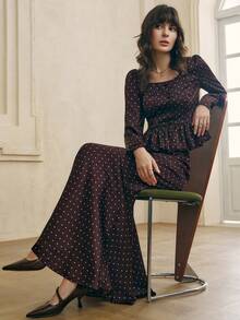 Cévolie 女士优雅波尔卡圆点印花方领上衣和长裙两件套 - 棕色 - 查看 5