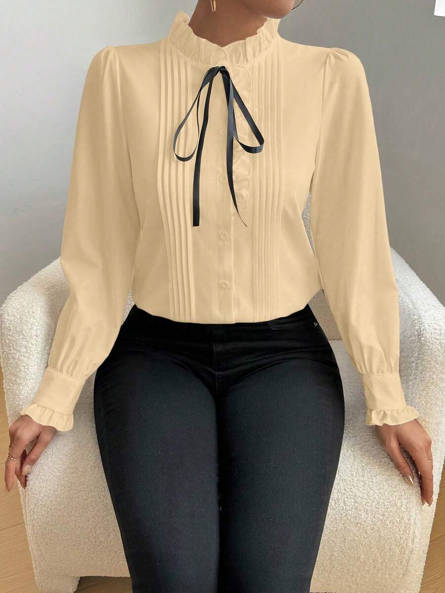 Rafferiza 女式长袖褶皱荷叶边系带衬衫，优雅的春秋季女式衬衫 - 杏色 - 查看 1