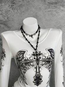 StreetHx 十字架印花V领薄款长袖T恤，朋克风 - 彩色 - 查看 7