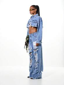 SUMWON WOMEN Chaqueta vaquera oversize desgastada con diseño recortado y extremadamente rasgado para el estilo callejero de las mujeres en otoño e invierno - Azul - Ver 7