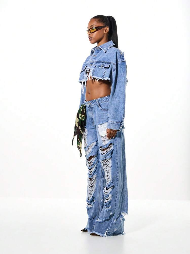 SUMWON WOMEN Oversized Distressed Denim Jacket With Extreme Ripped Cropped Design For Women Street Style Fall Winter Outerwear