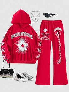 SHEIN ChillGRL Set de 2 piezas de sudadera con capucha y pantalón de chándal estampados, estilo casual punk oscuro para adolescentes - Rojo - Ver 8