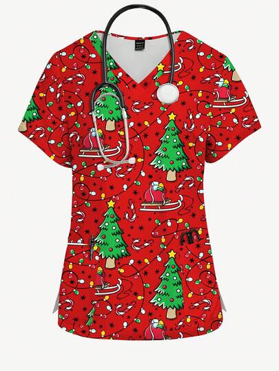 PopScrub Christmas Tree & Colorful Lights Cartoon All-Over Print V-Neck Short Sleeve Women's Fashion Scrub Uniform Top