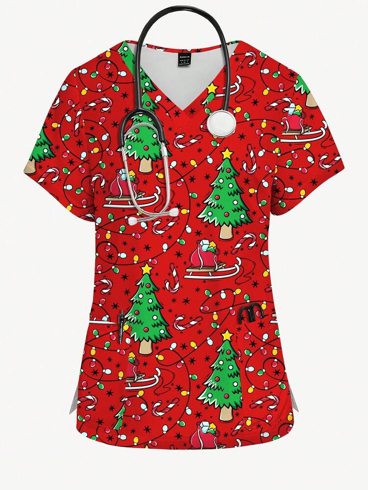 PopScrub Christmas Tree & Colorful Lights Cartoon All-Over Print V-Neck Short Sleeve Women's Fashion Scrub Uniform Top - Multicolor - View 1