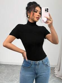 Gloray Fitted Polo Collar Colorblock Ribbed Short Sleeve Women's Bodysuit - Black - View 5