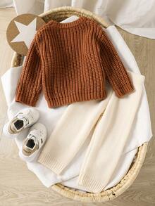 Baby Girls Sweater Set,Vintage Thick Knit Outfit,Caramel Crew Neck Sweater+Beige Ribbed Pants,2 Pcs Autumn,Modest,Family Matching,All Shades Of Brown - Multicolor - View 2