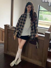 DAZY 少女格纹印花纽扣前开襟宽松长袖衬衫