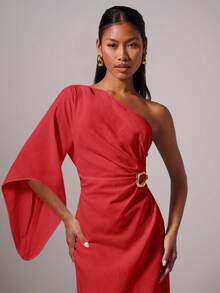 COSMINA 女士优雅金属扣不对称连衣裙 - 紅色 - 查看 8