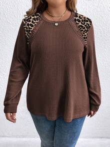 EMERY ROSE Plus Size Solid & Leopard Print Patchwork Crew Neck Long Sleeve Sweatshirt - Multicolor - View 3